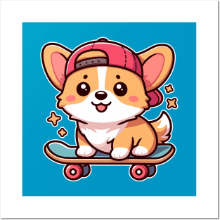 Kawaii Corgi Puppy on Skateboard Cute Dog Lover Posters and Art